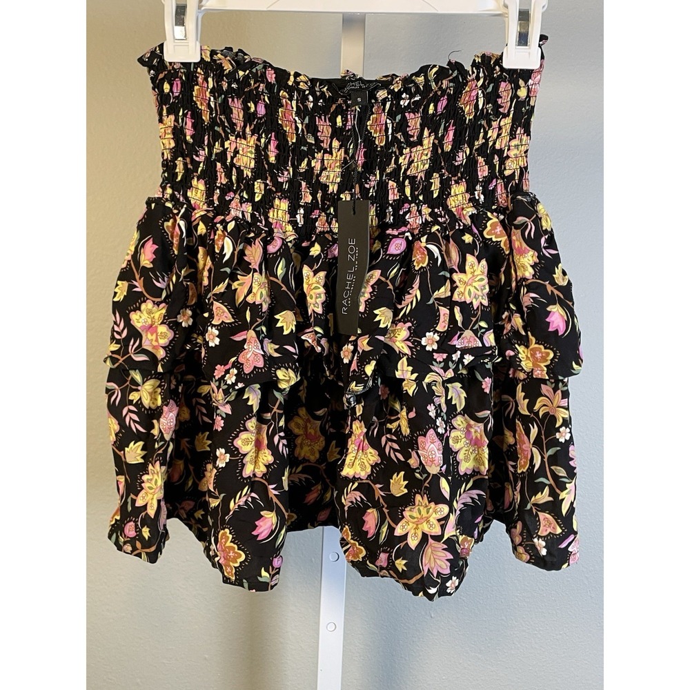 NEW Rachel Zoe Mini Skirt Small Ruffle Elastic Waist Black Floral Pull On Short